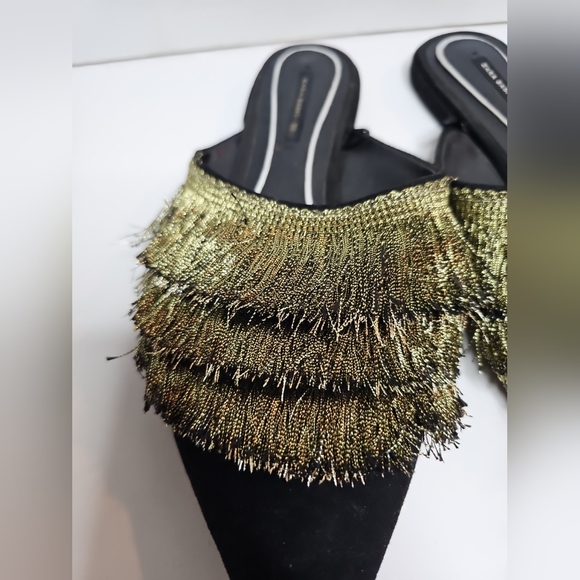 Zara Pointy-Toe Flat Mules with Fringe Black/Gold, Size 38 - Picture 7 of 16
